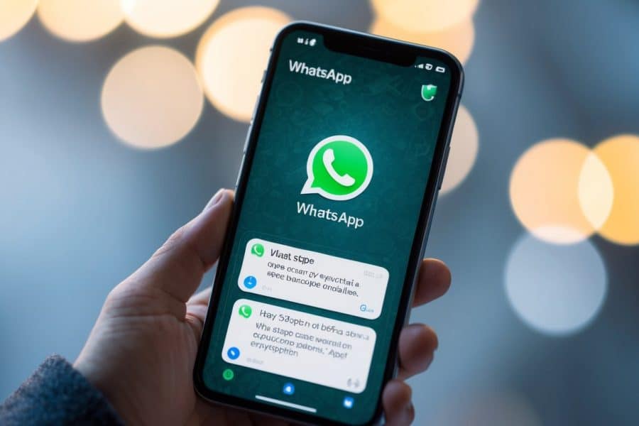 Um smartphone com um chat do WhatsApp aberto, mostrando um ícone de cadeado para indicar que a criptografia de ponta a ponta está ativada