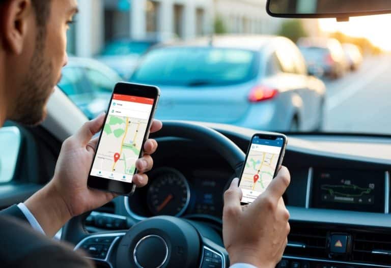 Uma pessoa usando um smartphone para rastrear a localização de um carro gratuitamente