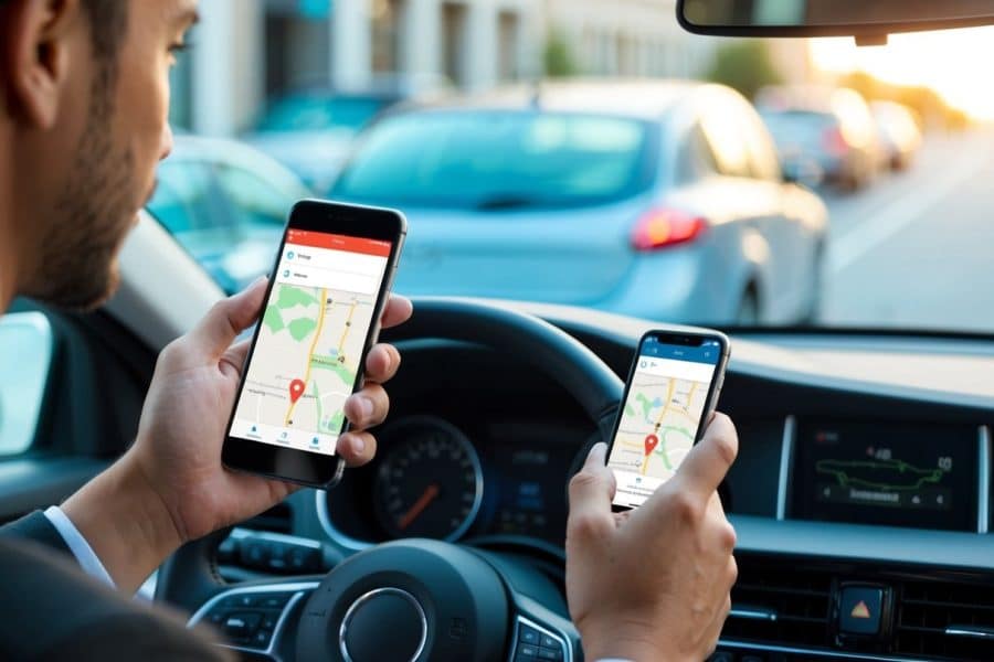 Uma pessoa usando um smartphone para rastrear a localização de um carro gratuitamente