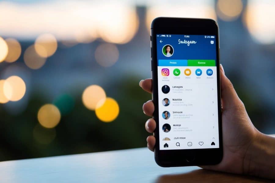 Um smartphone com o aplicativo do Instagram aberto, exibindo um perfil com um ponto verde ao lado do nome do usuário