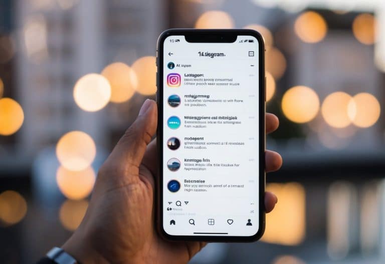 Um smartphone com o aplicativo do Instagram aberto, mostrando um usuário rolando pelo histórico de notificações.