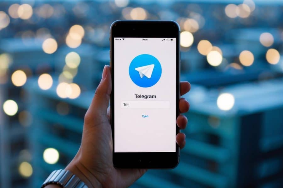 Um smartphone com o aplicativo Telegram aberto e um espaço em branco onde o número de telefone normalmente seria inserido.