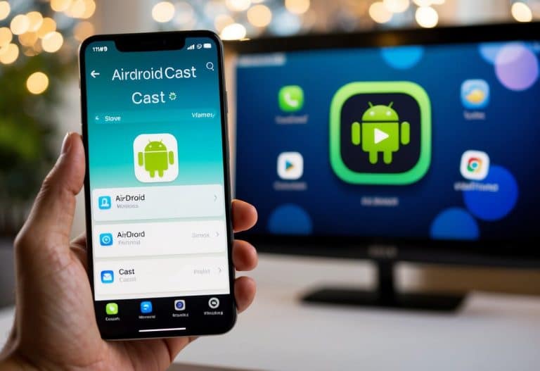 Uma tela de smartphone exibindo o aplicativo Airdroid Cast com vários ícones e controles, conectado a uma tela maior via transmissão sem fio.