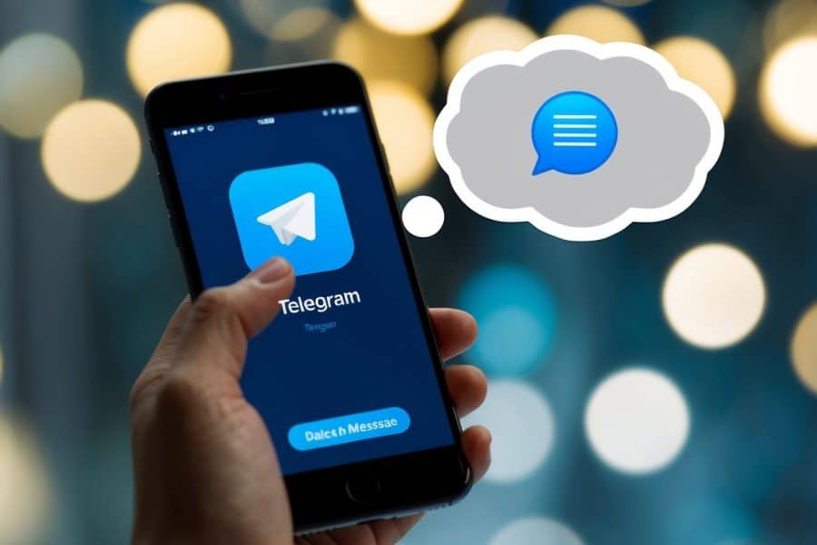 Um smartphone com o aplicativo Telegram aberto, um dedo tocando a tela e uma bolha de pensamento com um ícone de mensagem deletada