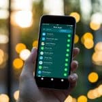 Um smartphone com o WhatsApp aberto, exibindo uma lista de contatos com indicadores de status online.