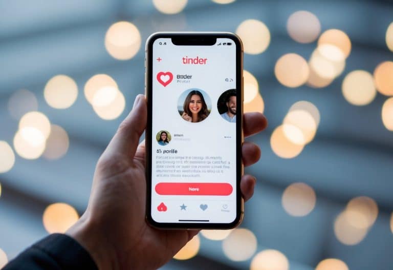 Um smartphone com o aplicativo Tinder aberto, mostrando um perfil com fotos e biografia.