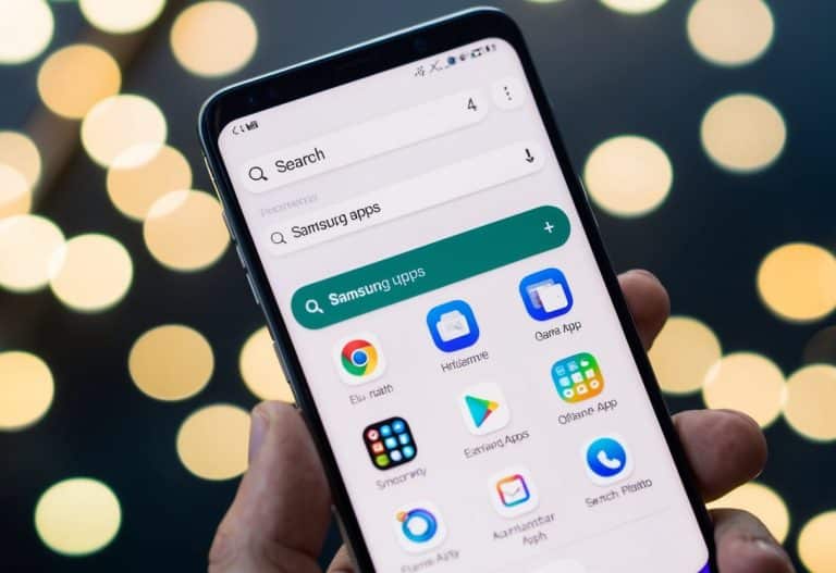 Uma tela de smartphone com uma barra de pesquisa aberta, revelando aplicativos ocultos da Samsung