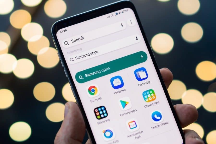 Uma tela de smartphone com uma barra de pesquisa aberta, revelando aplicativos ocultos da Samsung
