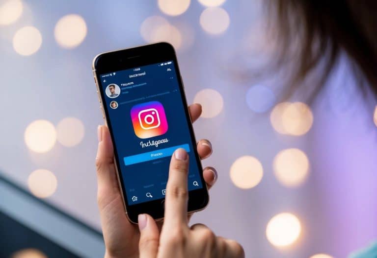 Um smartphone com o aplicativo do Instagram aberto, um dedo tocando no ícone do perfil, e a tela mudando de uma conta comercial para uma conta pessoal.