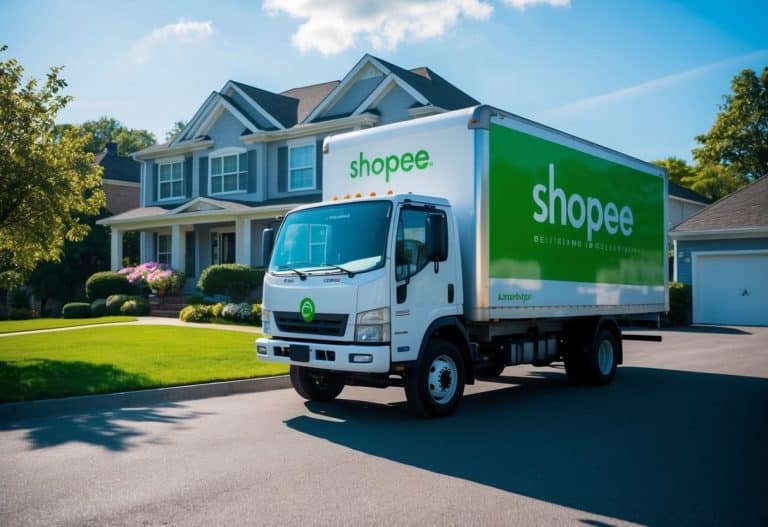 Um caminhão de entrega com o logo da Shopee do lado estacionou do lado de fora de uma casa em uma ensolarada tarde de domingo.