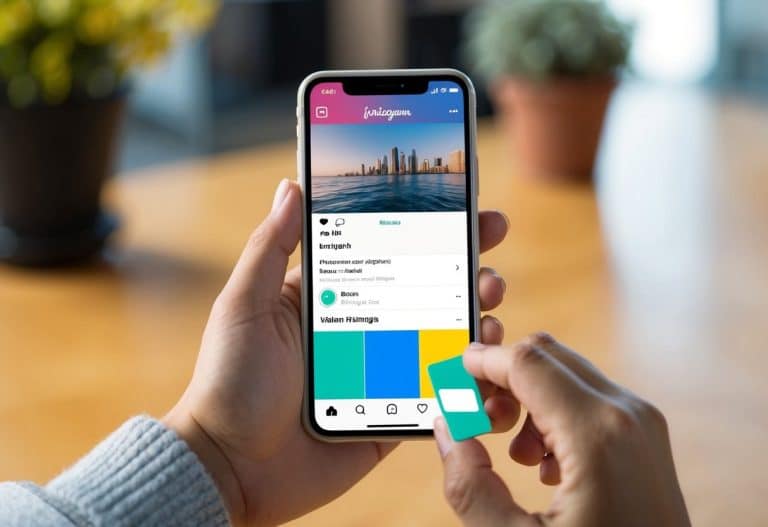 Um telefone com um perfil do Instagram aberto, a seção de destaques selecionada e o nome do destaque sendo editado para combinar com a cor de fundo, tornando-o invisível.