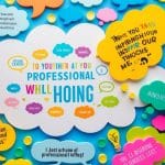 Uma variedade colorida de balões de fala e nuvens de pensamento com citações inspiradoras, cercadas por ilustrações vibrantes e divertidas