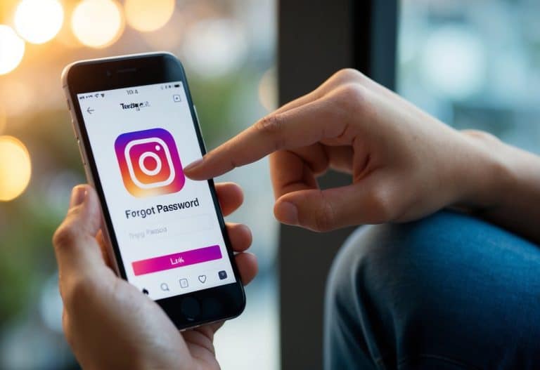 Uma pessoa segurando um smartphone, tocando no link "Esqueceu a senha" no aplicativo do Instagram, enquanto um ícone de cadeado é exibido na tela.