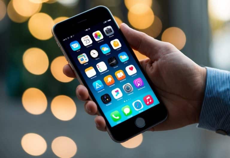 Uma mão segurando um smartphone com aplicativos dispostos em um padrão de grade na tela