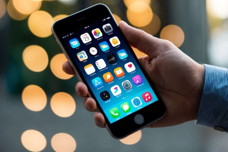 Uma mão segurando um smartphone com aplicativos dispostos em um padrão de grade na tela