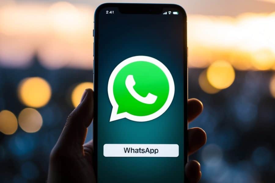 Um smartphone com um ícone do WhatsApp brilhando com um indicador de status verde