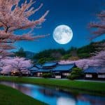 Uma paisagem serena iluminada pela lua com uma vila japonesa tradicional e exuberantes árvores de cerejeira.