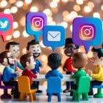 Um grupo de personagens de desenho animado diversos interagindo de forma amigável através de mensagens diretas no Instagram.
