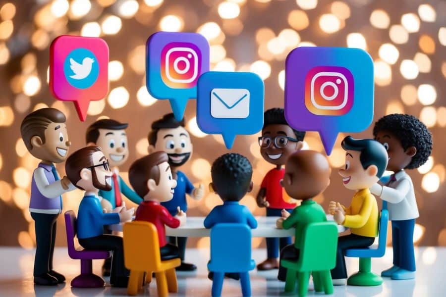 Um grupo de personagens de desenho animado diversos interagindo de forma amigável através de mensagens diretas no Instagram.