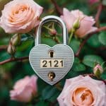 Uma fechadura em forma de coração com os números "2121" gravados nela, cercada por rosas em flor e vinhas ondulantes