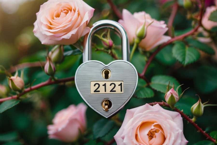 Uma fechadura em forma de coração com os números "2121" gravados nela, cercada por rosas em flor e vinhas ondulantes