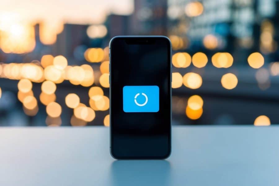 Um smartphone congelado em uma tela em branco, com um ícone de carregamento girando sem fim