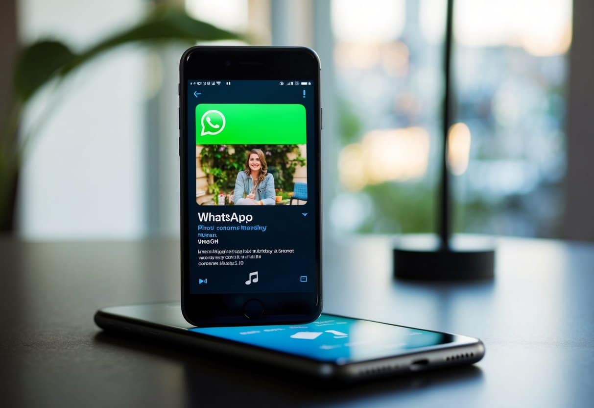 Um smartphone descansando sobre uma mesa, com uma foto do WhatsApp aberta e um ícone de nota musical visível na tela