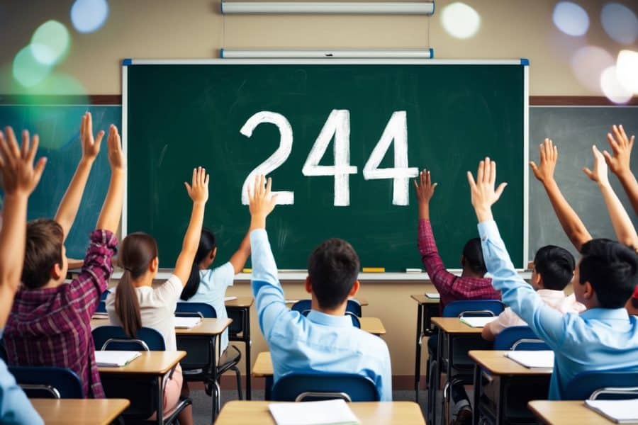 Uma sala de aula com um quadro negro mostrando o número 244, cercada por alunos levantando as mãos para responder.