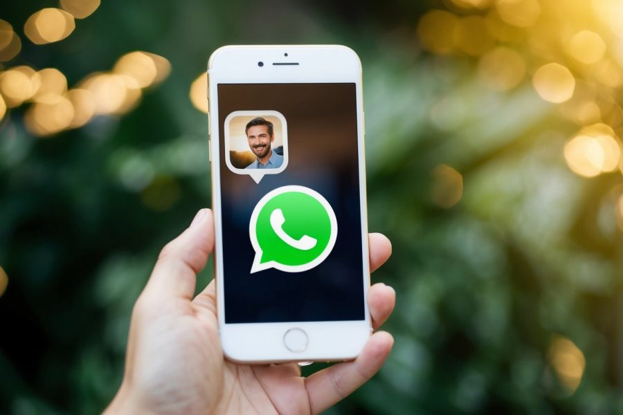 Um telefone com um ícone do WhatsApp e uma foto que desaparece