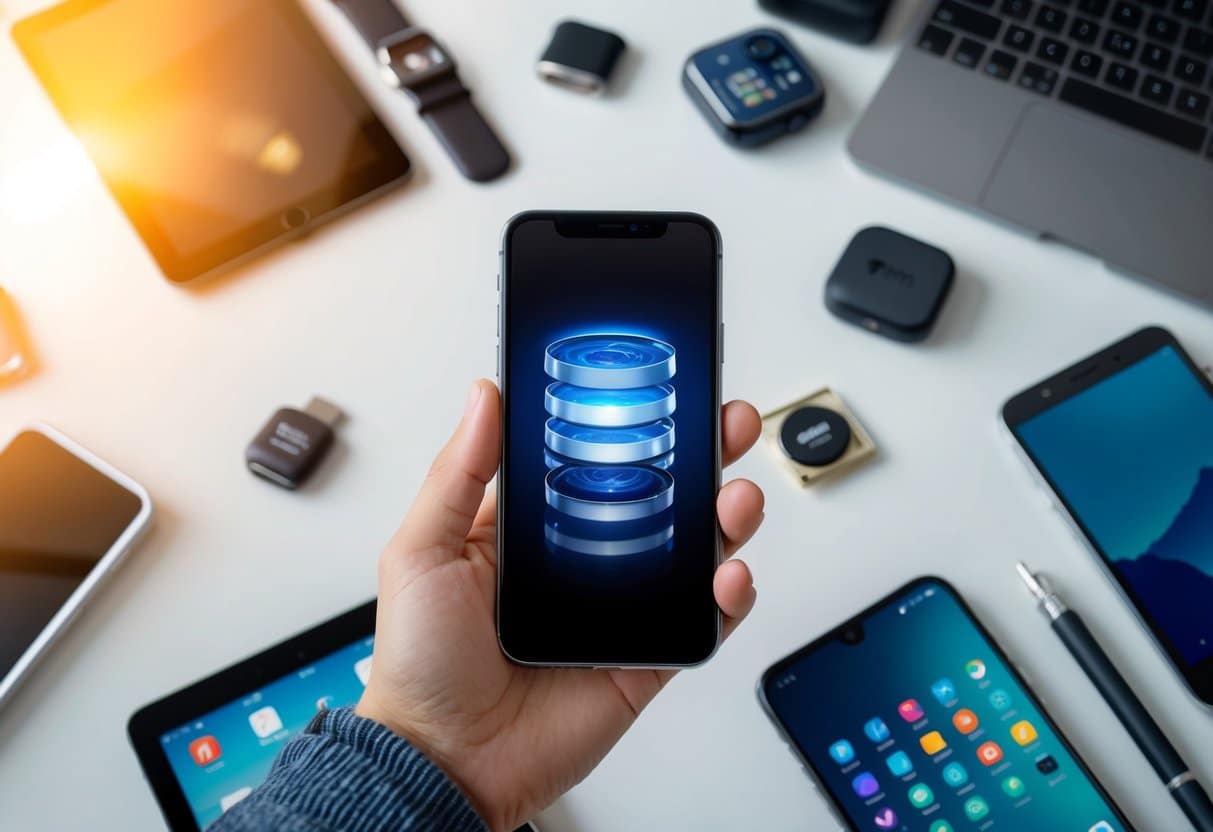 Um smartphone com uma grande capacidade de armazenamento, cercado por vários dispositivos e acessórios digitais, simbolizando o conceito de capacidade de memória.