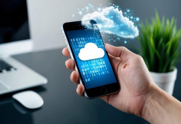 Uma mão segurando um smartphone, com uma nuvem de dados digitais sendo apagada da memória do dispositivo.