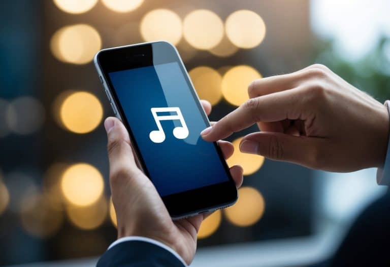 Uma mão segurando um smartphone com um ícone de nota musical na tela, enquanto a outra mão toca o botão de download.