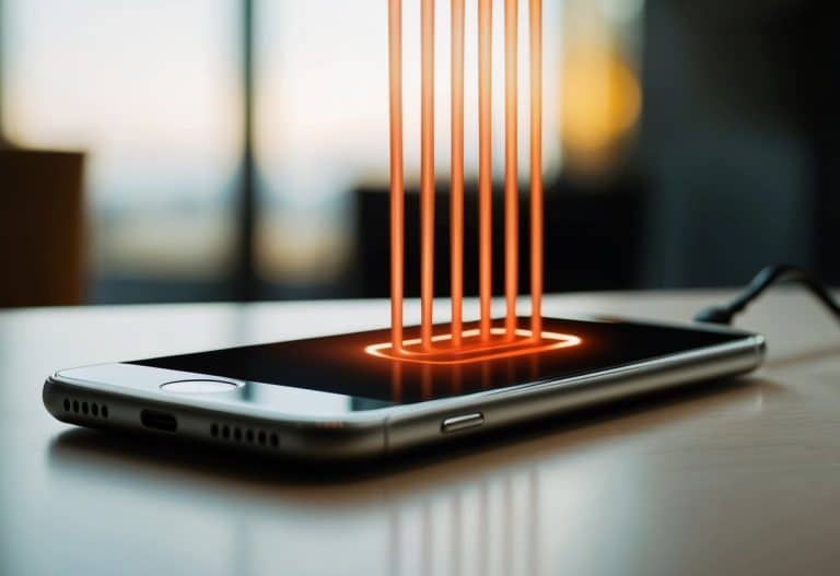 Um smartphone descansando em um carregador com ondas de calor visíveis subindo do dispositivo