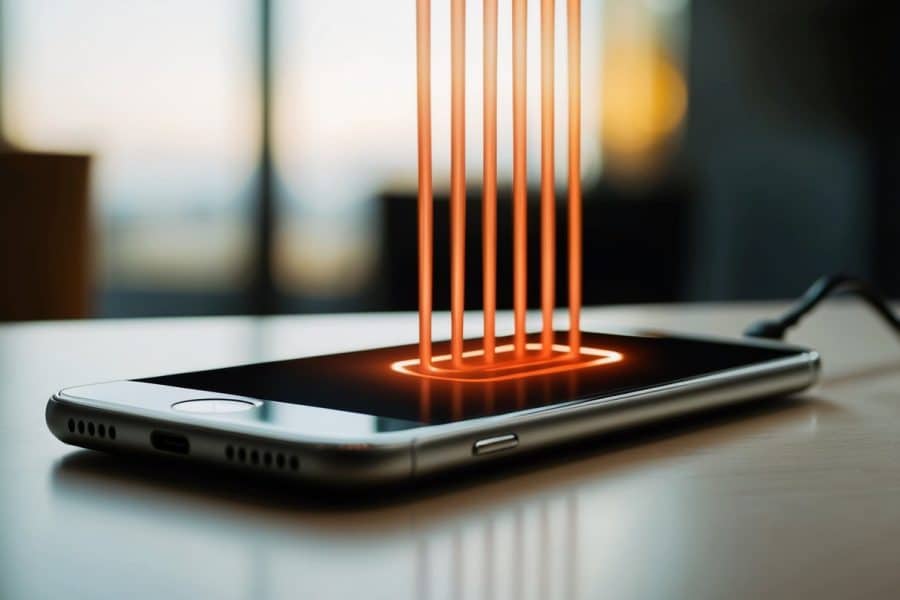 Um smartphone descansando em um carregador com ondas de calor visíveis subindo do dispositivo
