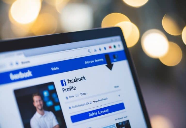 Uma tela de computador com um perfil do Facebook aberto, um cursor pairando sobre o botão "Excluir Conta", cercado por uma sensação de definitividade