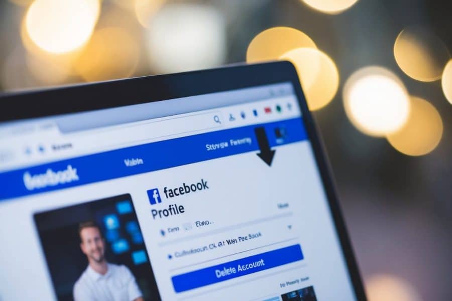 Uma tela de computador com um perfil do Facebook aberto, um cursor pairando sobre o botão "Excluir Conta", cercado por uma sensação de definitividade