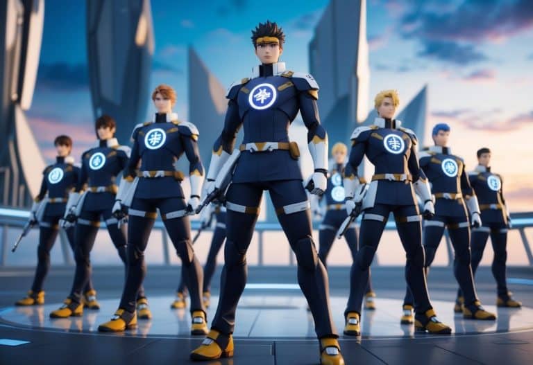 Um grupo de vanguardas de anime em formação, cada uma segurando um símbolo de código único, com edifícios futuristas ao fundo.