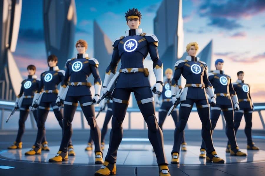 Um grupo de vanguardas de anime em formação, cada uma segurando um símbolo de código único, com edifícios futuristas ao fundo.