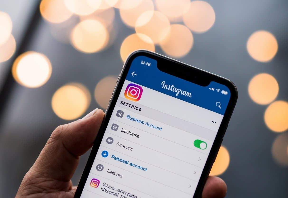 Um smartphone com o aplicativo do Instagram aberto, mostrando o menu de configurações com opções para trocar de uma conta comercial para uma conta pessoal.