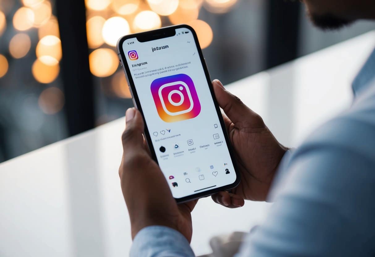 Uma pessoa usando um smartphone para interagir com a interface do Instagram, com o logotipo da plataforma visível na tela