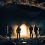 Um grupo de aventureiros está diante de um portal misterioso e brilhante em uma caverna antiga e escura. Uma sensação de perigo e emoção enche o ar.
