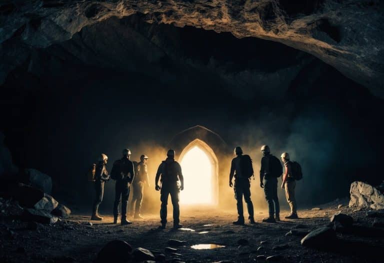 Um grupo de aventureiros está diante de um portal misterioso e brilhante em uma caverna antiga e escura. Uma sensação de perigo e emoção enche o ar.