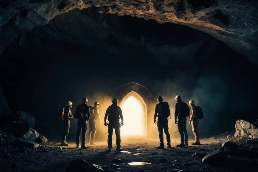 Um grupo de aventureiros está diante de um portal misterioso e brilhante em uma caverna antiga e escura. Uma sensação de perigo e emoção enche o ar.
