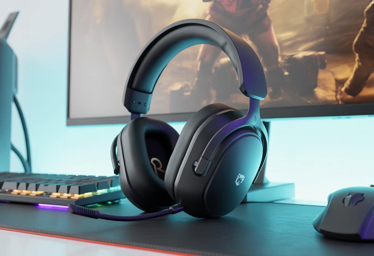 Headset gamer preto com iluminação RGB sobre uma mesa com teclado mecânico, mouse e monitor de computador ao fundo.