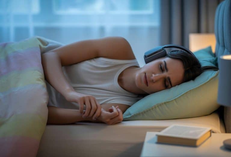 Pessoa deitada na cama usando fones de ouvido, com expressão desconfortável, em um quarto iluminado naturalmente.