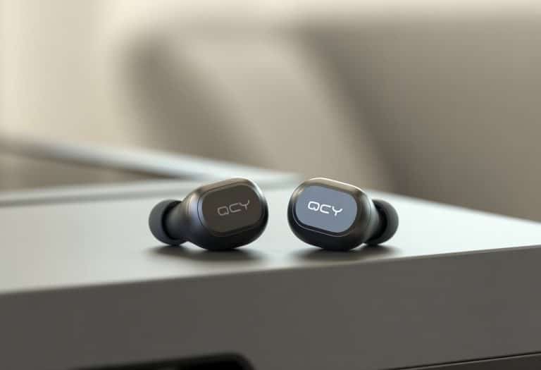 Um par de fones de ouvido QCY sem fio pretos sobre uma superfície moderna e limpa.