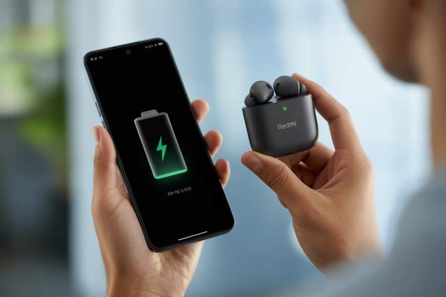 Pessoa segurando fones de ouvido Redmi próximos ao smartphone mostrando o status de carregamento.