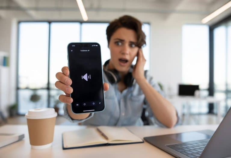 Pessoa sentada em uma mesa de escritório olhando surpresa para o celular com o volume baixo.