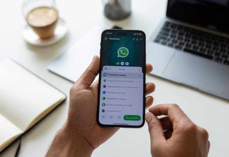 Pessoa segurando um smartphone com o aplicativo WhatsApp aberto, ajustando configurações em um ambiente de trabalho organizado.