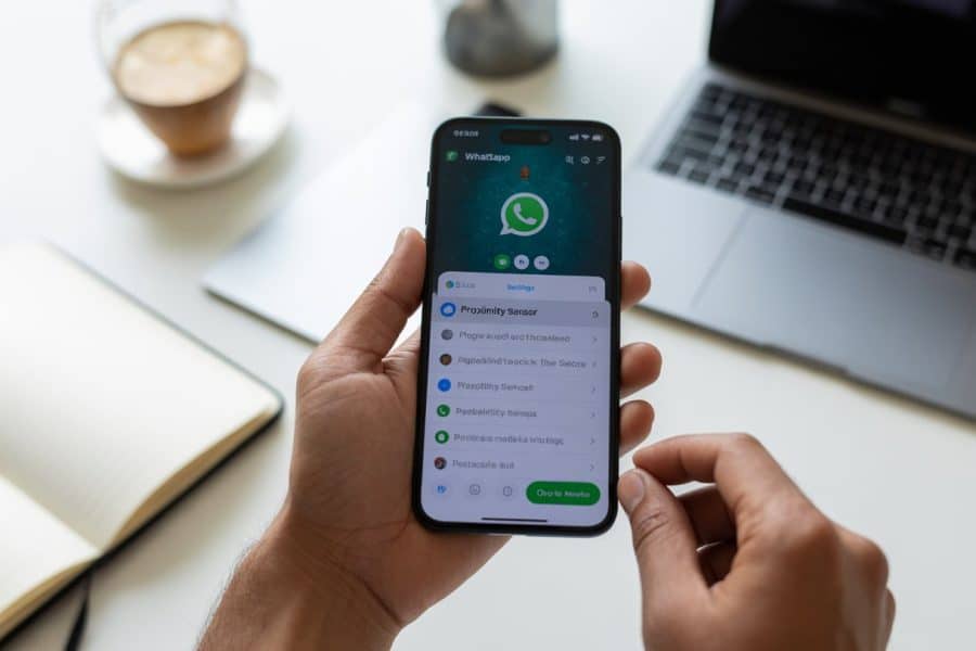 Pessoa segurando um smartphone com o aplicativo WhatsApp aberto, ajustando configurações em um ambiente de trabalho organizado.